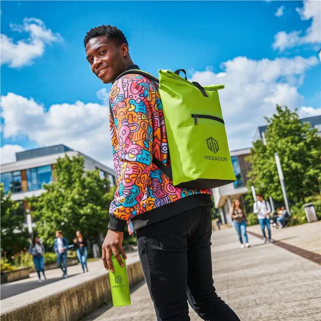Branded backpack and bottle on campus